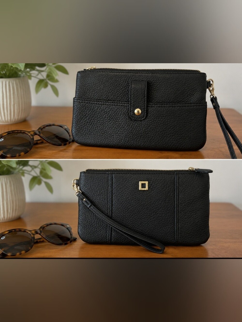 Black Pebbled Leather Wristlet Clutch with Gold Accents